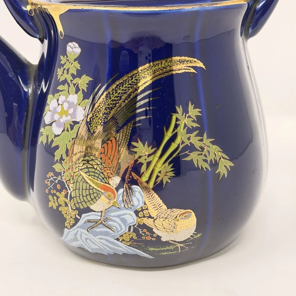 Vintage Japanese Cobalt Blue Gold Teapot Pheasant Bamboo Rattan Handle 7.5